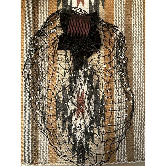 Vtg 1950s 60s Beaded Snood Hair Net Pearl AB Crystal Satin Bows Comb Fascinator main image 5
